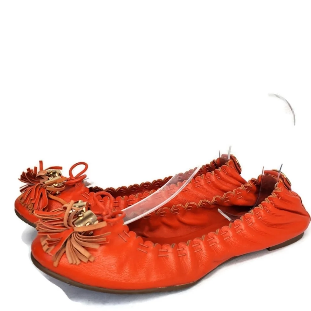 Tory Burch Reese Soft Orange Leather Stretch Bow Tassel Ballet Flats